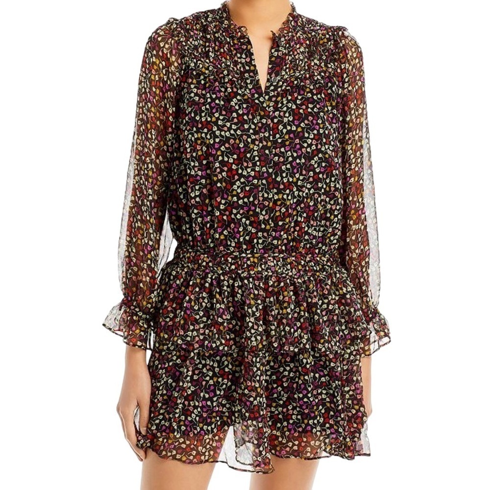 Joie Elsverre Ruffled Mini Dress Floral Drop Waist Black Size 8 Ruffled Skirt